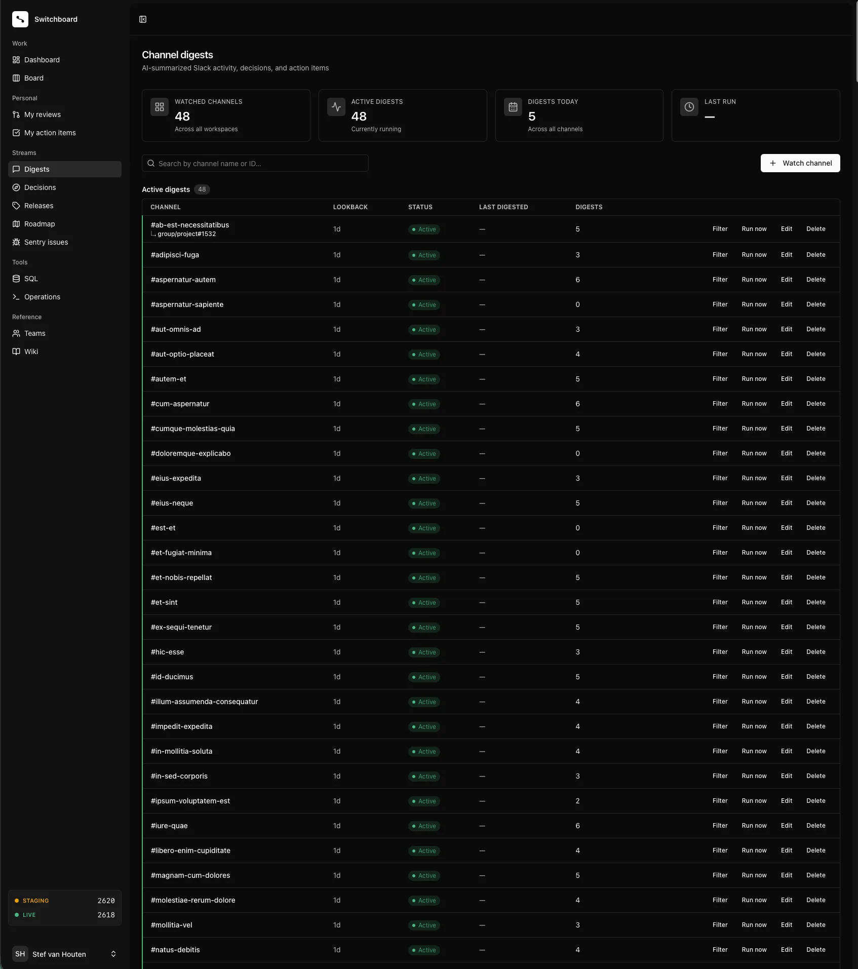Switchboard digests overview with watched Slack channels, active digests, search, and digest management actions