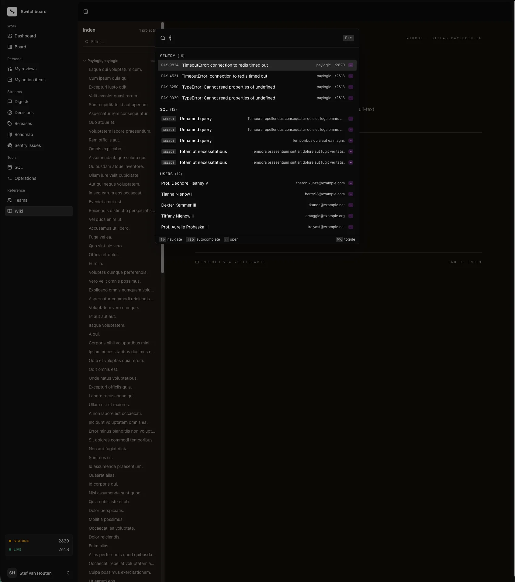 Switchboard global search at slash go with results across Sentry issues, SQL queries, users, and internal knowledge