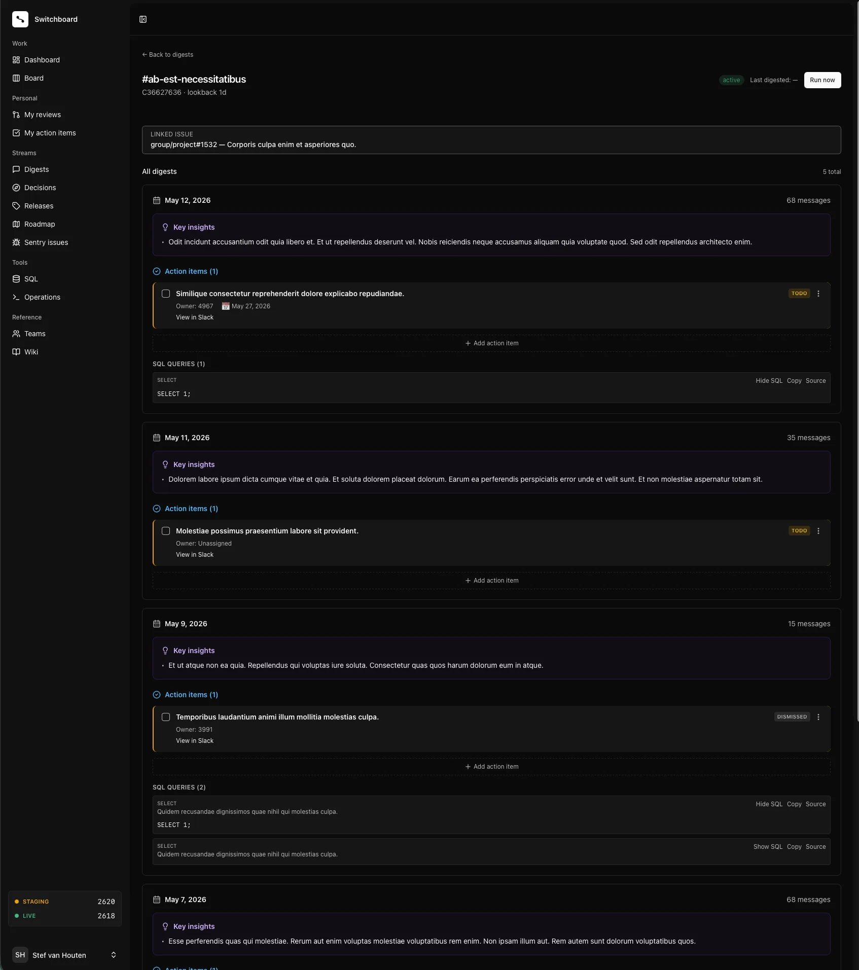 Switchboard Slack digest detail showing key insights, action items, SQL snippets, owners, and links back to Slack